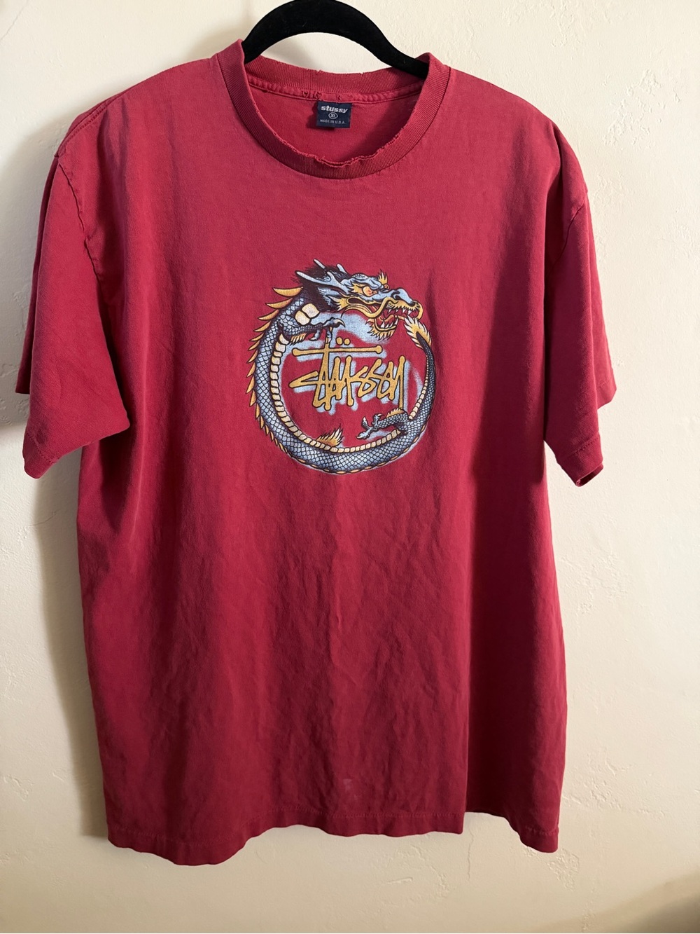 Stussy RARE Vintage Distressed 1980’s Red Short-Sleeve Dragon Logo Tee XL